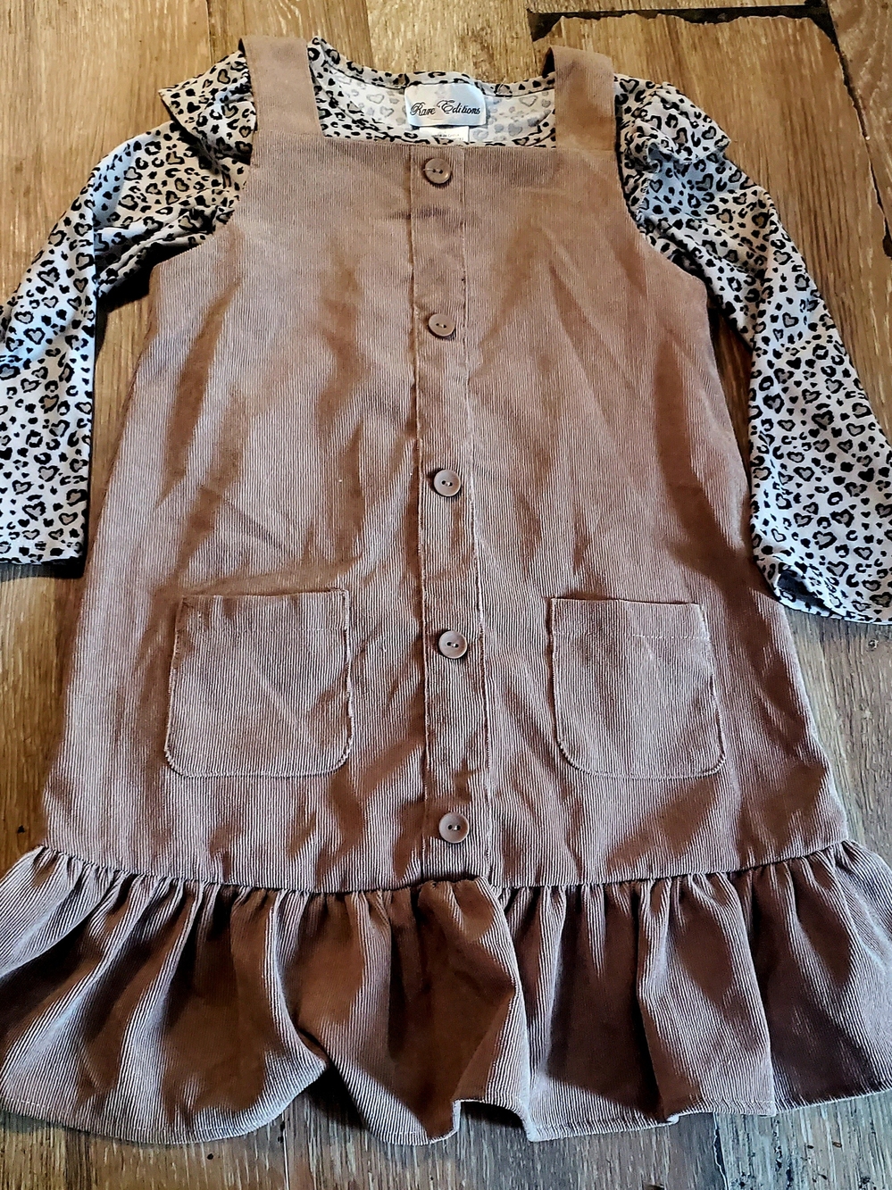 Rare Editions Tan Corduroy Pinafore Dress with Leopard Print Longsleeve